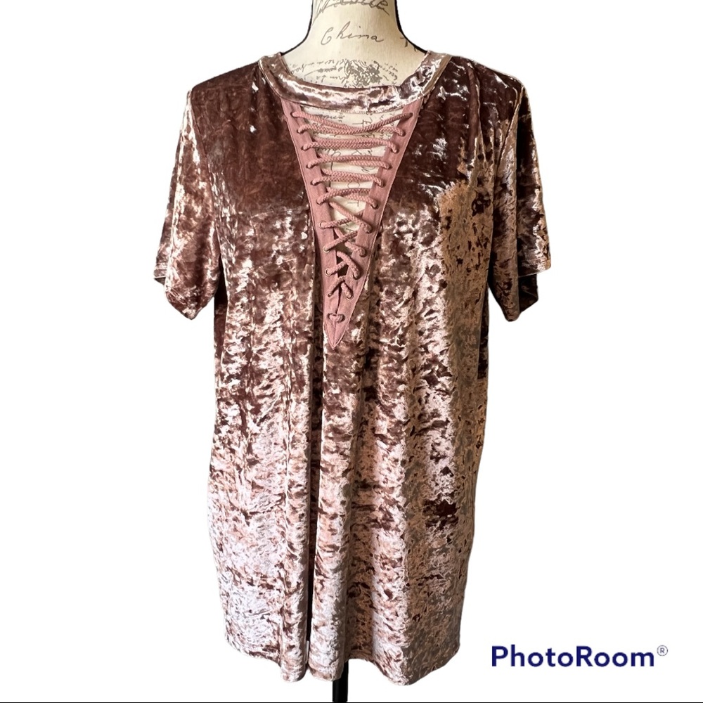 Entro Rose Crushed‎ Velvet Blouse Corset Neckline Pullover Short Sleeve